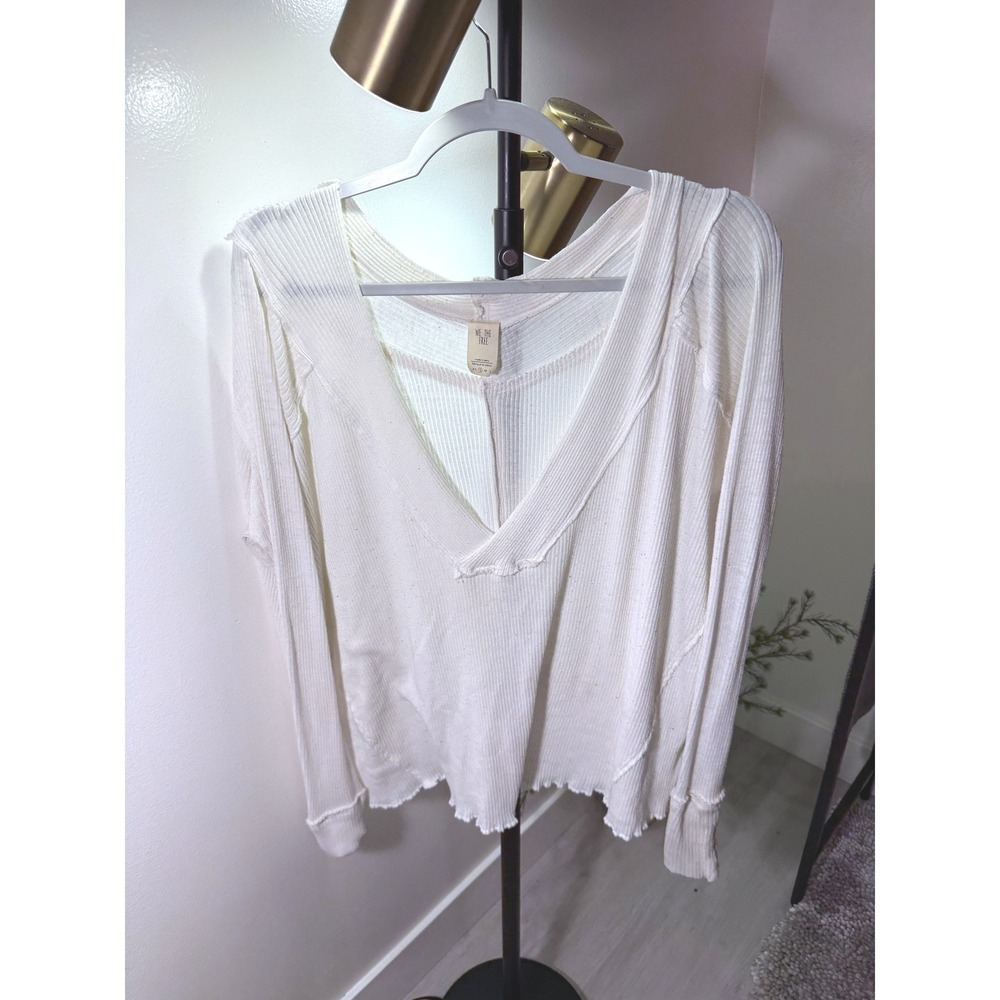We The Free Ivory White Boxy V-Neck Thermal Ribbed Long Sleeve Top Small